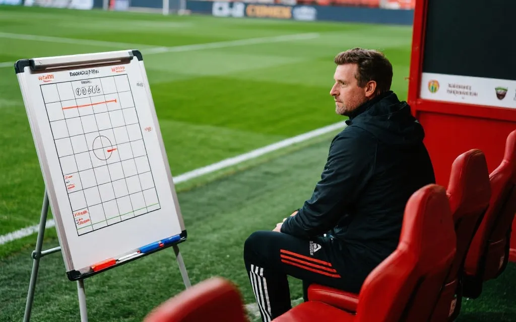 教练席与战术板、球场网格化视角，表现现代世界杯的空间与压迫战术